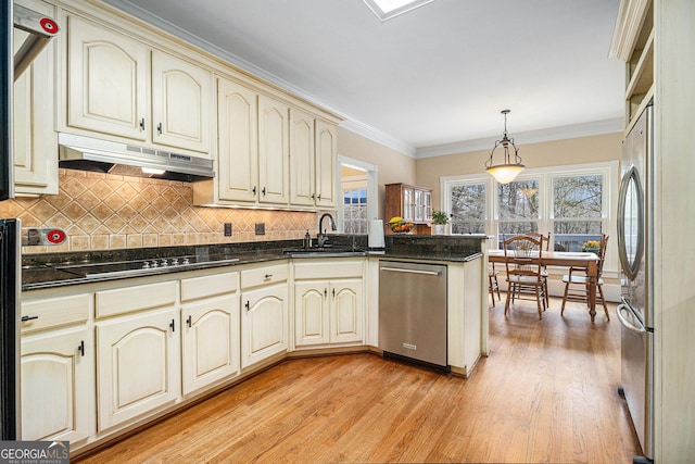 kitchen featuring crown molding, stainless steel appliances, cream cabinets, a sink, and under cabinet range hood