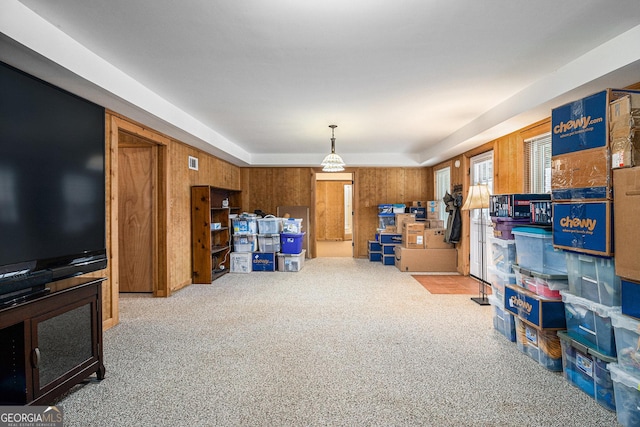 interior space with carpet and wood walls