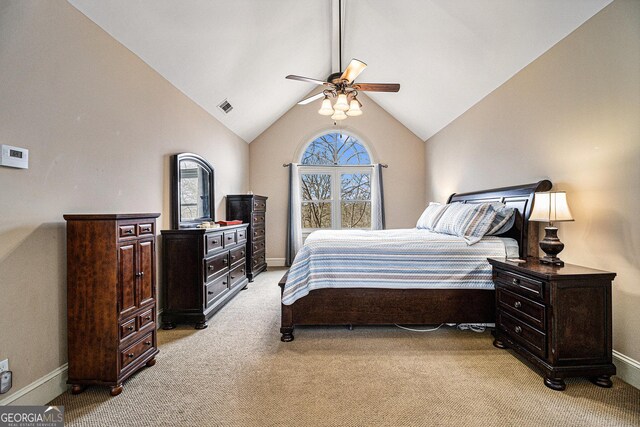 bedroom featuring light carpet, baseboards, visible vents, a ceiling fan, and vaulted ceiling