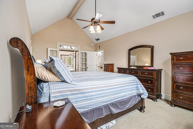 carpeted bedroom featuring high vaulted ceiling, beam ceiling, visible vents, and a ceiling fan