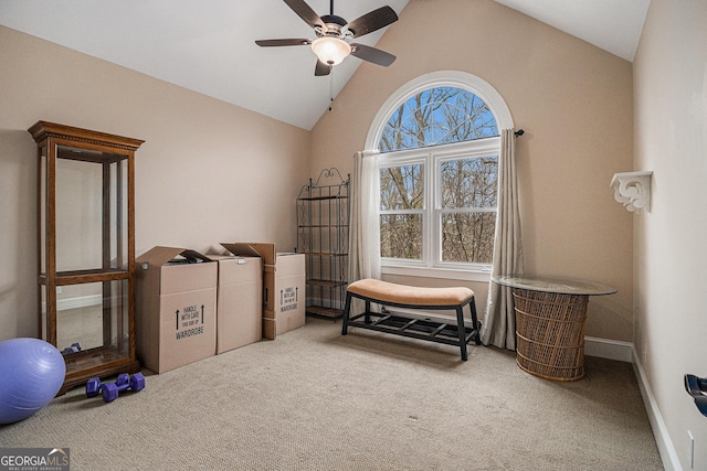 misc room featuring lofted ceiling, carpet, a ceiling fan, and baseboards