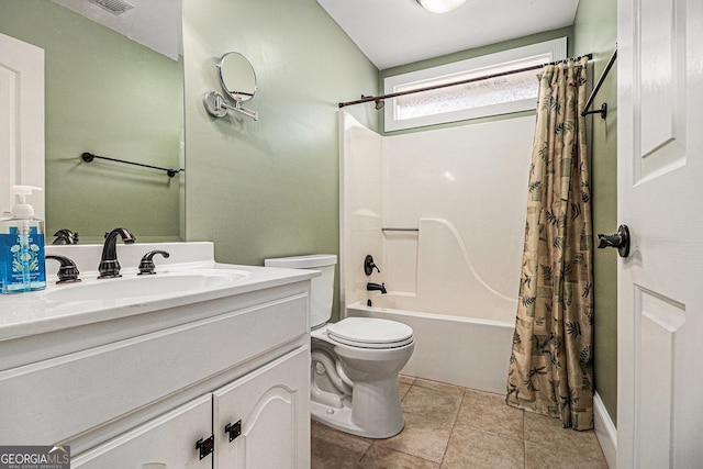 full bathroom featuring toilet, shower / tub combo, tile patterned floors, and vanity