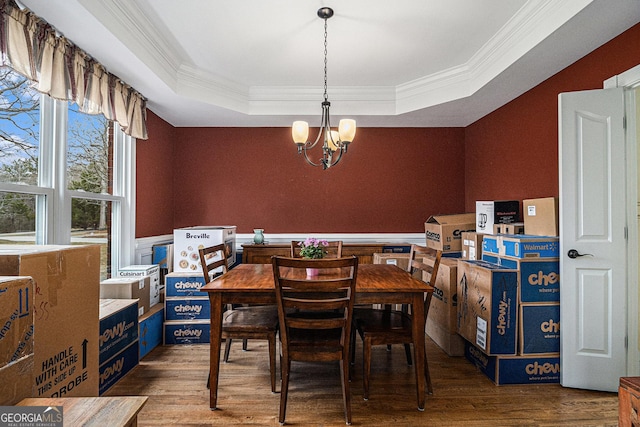 dining room featuring a wainscoted wall, ornamental molding, wood finished floors, a tray ceiling, and a chandelier