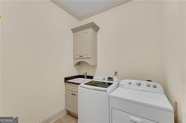 5861 Yoshino Cherry Ln, Braselton, GA 30517 - clothes washing area featuring cabinets, ornamental molding, sink, and washing machine and clothes dryer