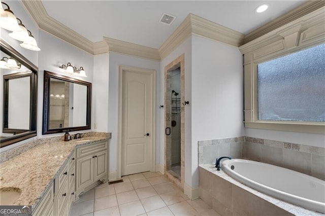 5861 Yoshino Cherry Ln, Braselton, GA 30517 - bathroom with tile patterned flooring, vanity, crown molding, and separate shower and tub