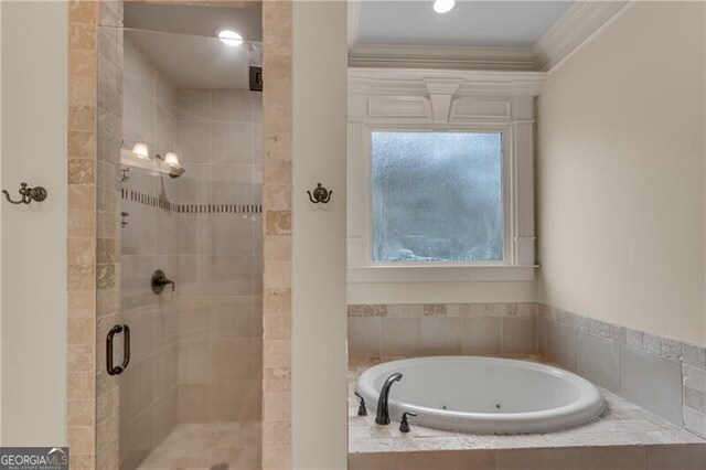 5861 Yoshino Cherry Ln, Braselton, GA 30517 - bathroom featuring independent shower and bath and ornamental molding