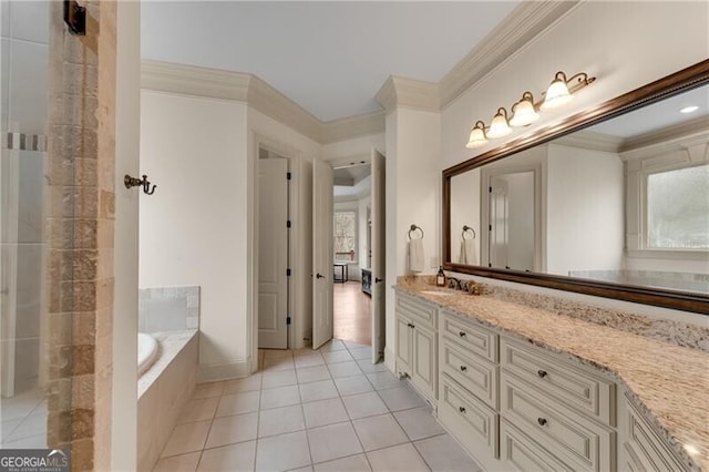5861 Yoshino Cherry Ln, Braselton, GA 30517 - full bath with vanity, a bath, tile patterned flooring, ornamental molding, and a tile shower