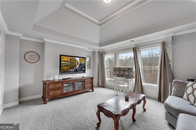 5861 Yoshino Cherry Ln, Braselton, GA 30517 - carpeted living room with ornamental molding and a raised ceiling