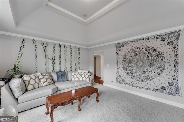 5861 Yoshino Cherry Ln, Braselton, GA 30517 - living room featuring crown molding, carpet, and a tray ceiling