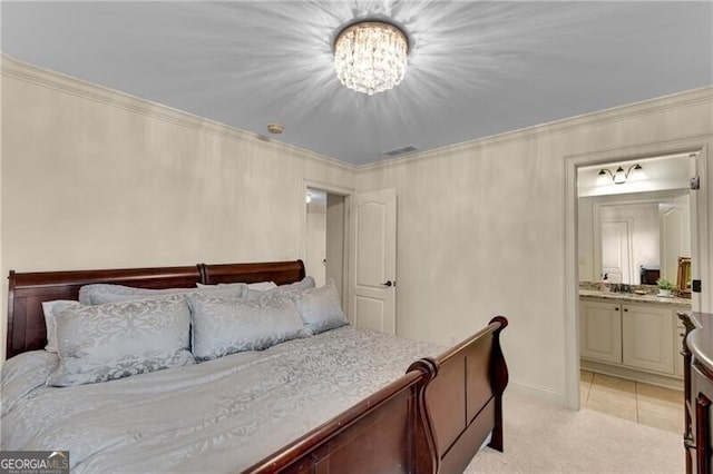 5861 Yoshino Cherry Ln, Braselton, GA 30517 - carpeted bedroom featuring an inviting chandelier, ensuite bath, and ornamental molding