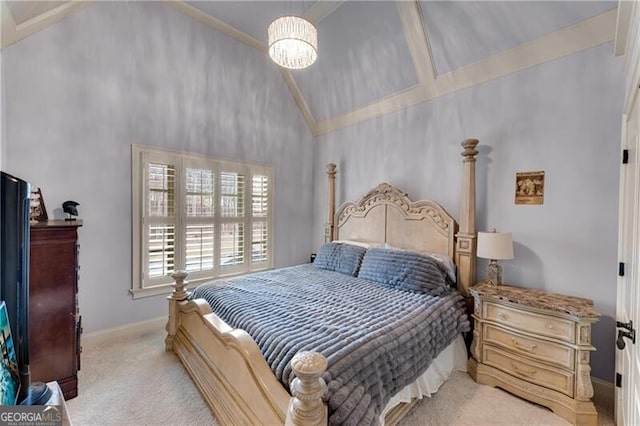 5861 Yoshino Cherry Ln, Braselton, GA 30517 - carpeted bedroom featuring high vaulted ceiling and a notable chandelier