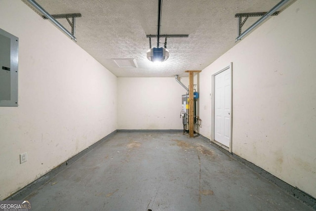 garage with water heater, electric panel, and a garage door opener