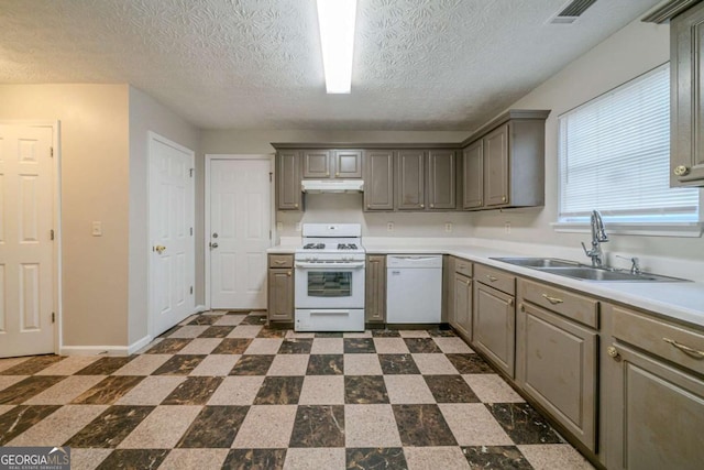 kitchen with sink, white appliances, gray cabinets, and a textured ceiling