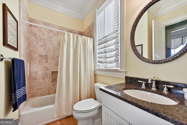 full bathroom with vanity, crown molding, toilet, and shower / bath combo with shower curtain