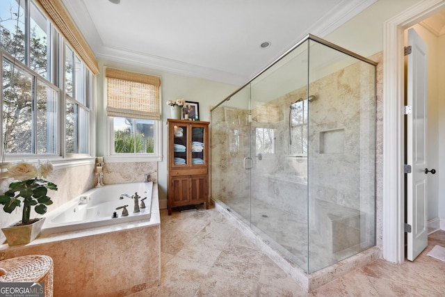 bathroom with independent shower and bath and crown molding