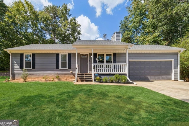 single story home featuring a garage, a porch, and a front yard