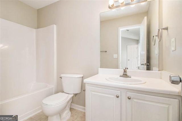 full bathroom with vanity, washtub / shower combination, and toilet