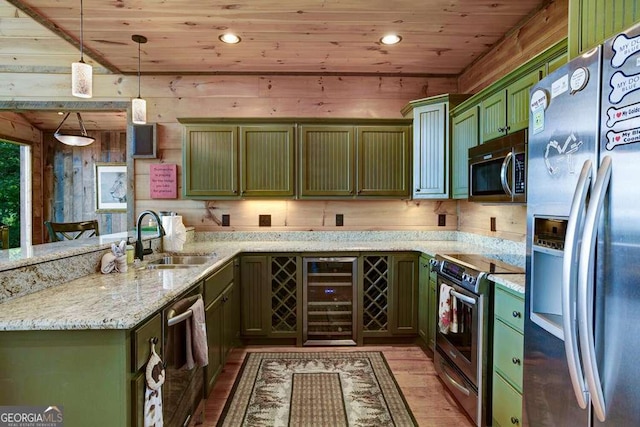 kitchen featuring pendant lighting, wine cooler, light stone counters, stainless steel appliances, and wooden ceiling