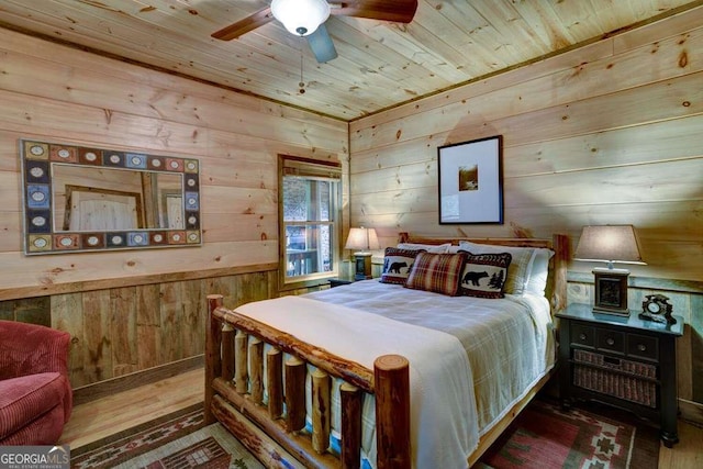 bedroom featuring wood-type flooring, wooden walls, and wooden ceiling