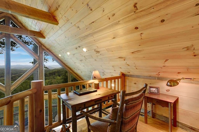 additional living space featuring wood ceiling, lofted ceiling with beams, light hardwood / wood-style flooring, and wood walls