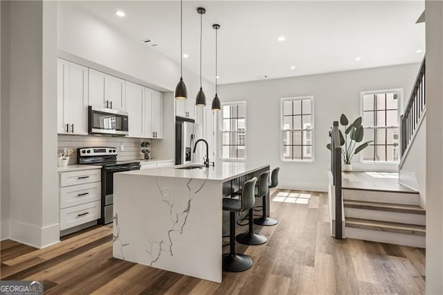 kitchen with an island with sink, a sink, wood finished floors, stainless steel appliances, and decorative backsplash