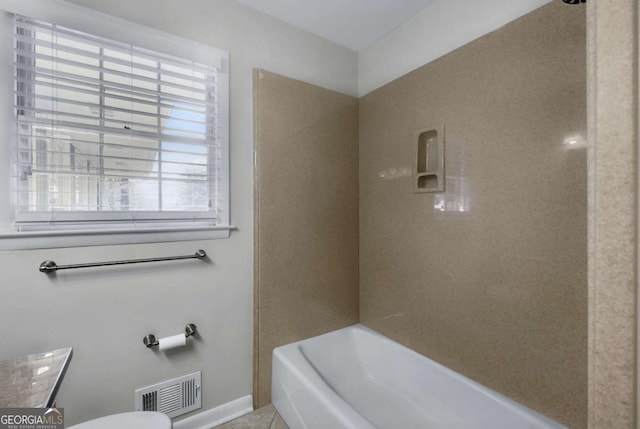 full bath featuring visible vents, toilet, and tub / shower combination