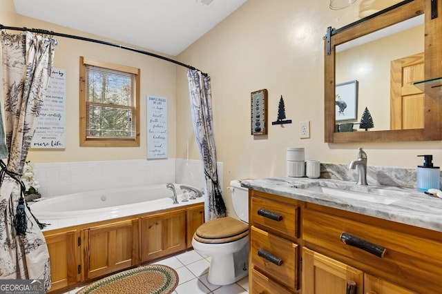 full bathroom featuring a shower with shower curtain, toilet, vanity, a tub, and tile patterned floors