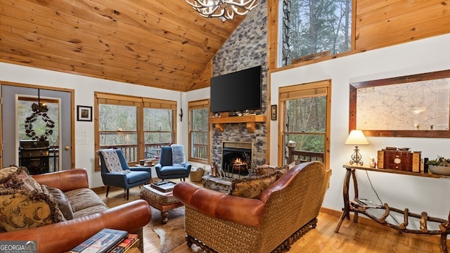 living area featuring high vaulted ceiling, wood ceiling, a fireplace, and hardwood / wood-style flooring