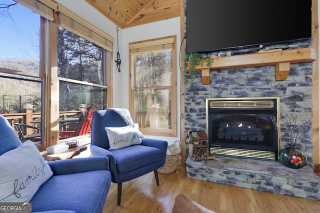 interior space featuring lofted ceiling, a stone fireplace, and hardwood / wood-style flooring