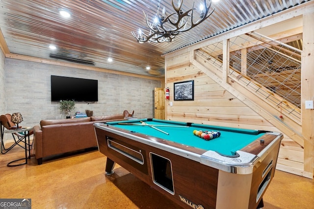 rec room featuring wooden ceiling, billiards, and recessed lighting