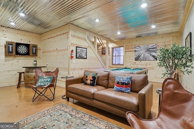 living area with recessed lighting, wood ceiling, pool table, and wooden walls