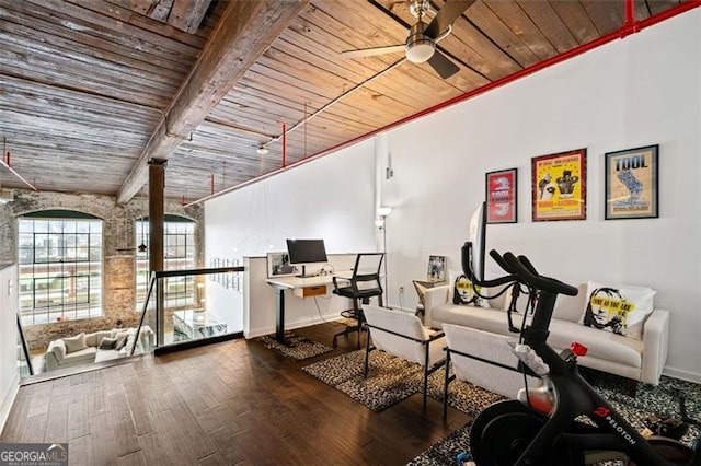 interior space with hardwood / wood-style flooring, wooden ceiling, and ceiling fan