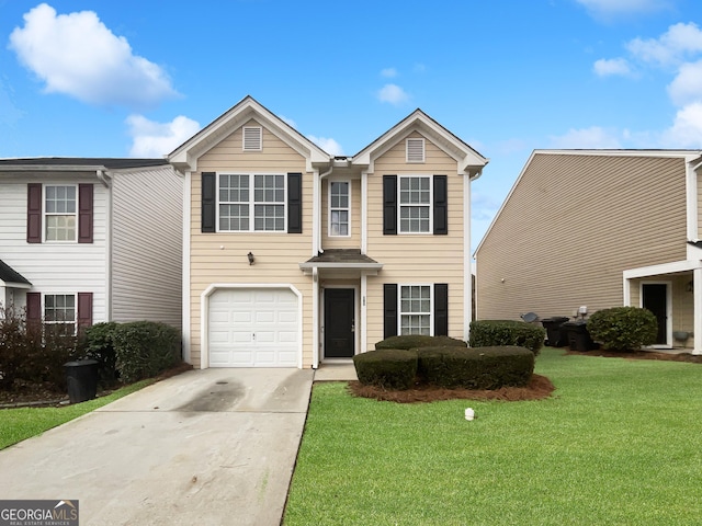 traditional-style home with an attached garage, a front lawn, and concrete driveway