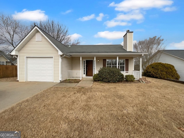 ranch-style home featuring concrete driveway, a chimney, an attached garage, covered porch, and a front yard