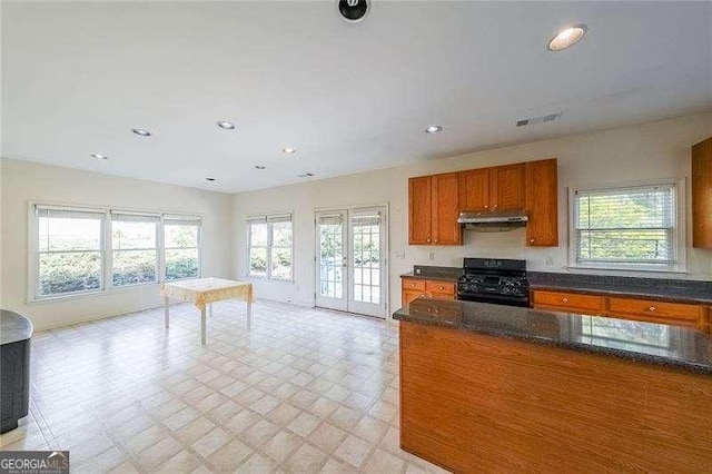 kitchen featuring french doors, black range oven, plenty of natural light, and dark stone countertops