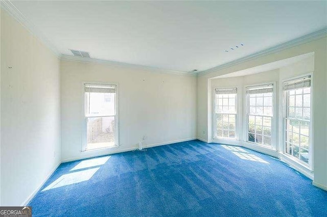 carpeted spare room featuring crown molding and plenty of natural light