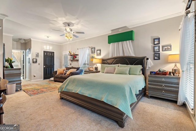 bedroom featuring crown molding, ceiling fan, and light carpet