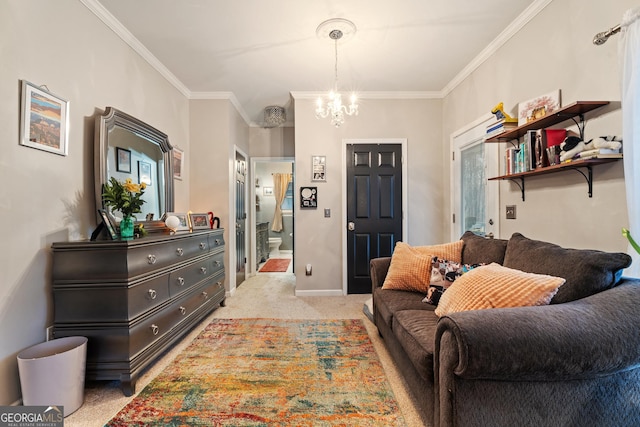 living room featuring ornamental molding, light carpet, and a notable chandelier