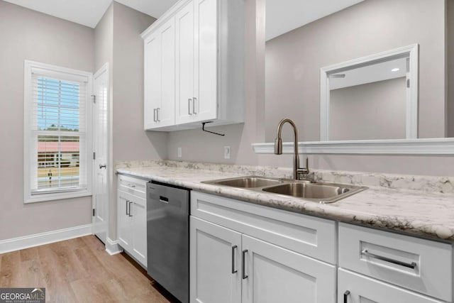 kitchen featuring white cabinetry, dishwasher, sink, light stone countertops, and light wood-type flooring