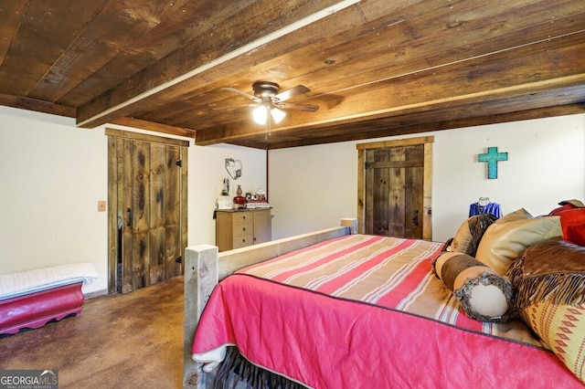 bedroom featuring beam ceiling, carpet, and wood ceiling