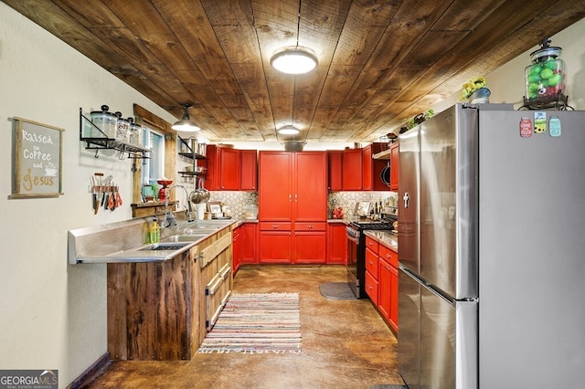 kitchen with sink, concrete flooring, stainless steel appliances, tasteful backsplash, and wooden ceiling