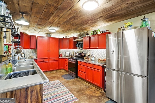 kitchen with tasteful backsplash, sink, wood ceiling, and appliances with stainless steel finishes