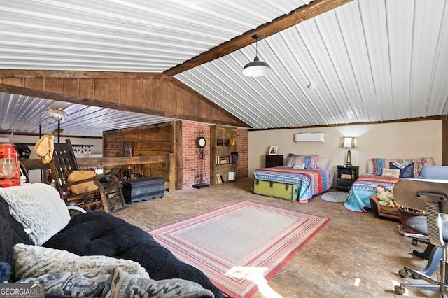 bedroom with vaulted ceiling with beams and a wall unit AC