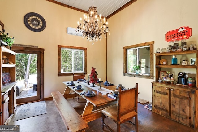 dining space with dark wood-type flooring, ornamental molding, high vaulted ceiling, and a wall mounted AC