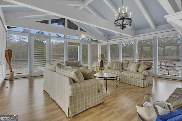 2724 Barnesville Hwy, Thomaston, GA 30286 - sunroom / solarium featuring beam ceiling, a chandelier, wood finished floors, and high vaulted ceiling