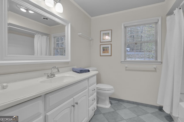 bathroom with toilet, vanity, baseboards, shower / bath combination with curtain, and crown molding