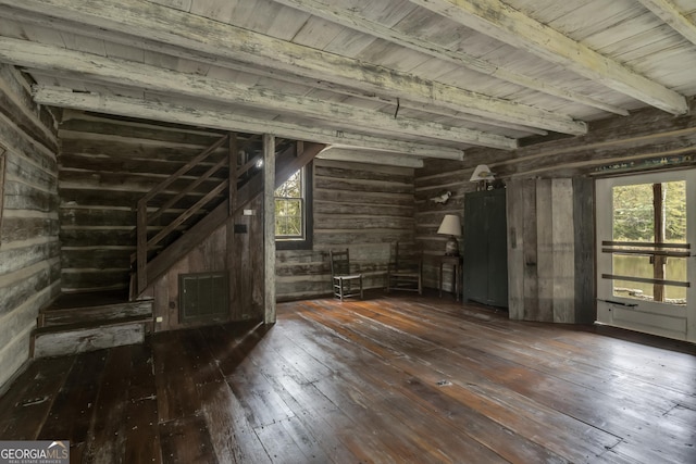 unfurnished living room with dark wood-style floors, wood walls, beamed ceiling, and wooden ceiling