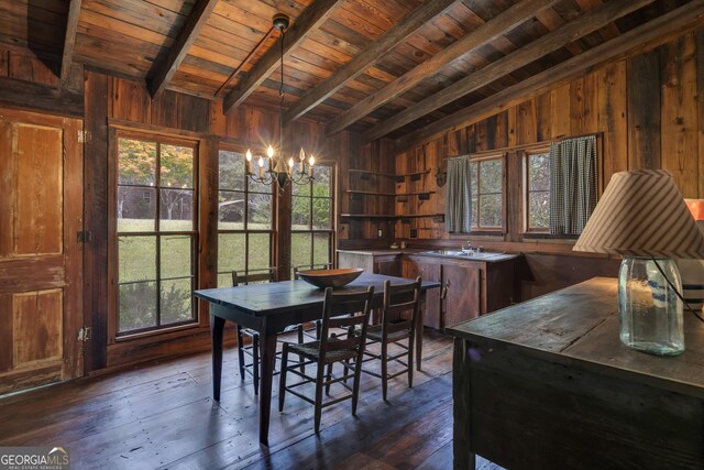 dining space with vaulted ceiling with beams, dark wood-type flooring, and wood walls