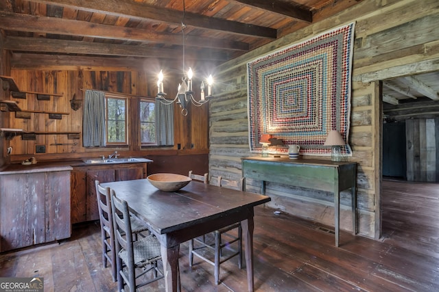 dining room with wooden walls, dark wood-style flooring, wood ceiling, beamed ceiling, and an inviting chandelier