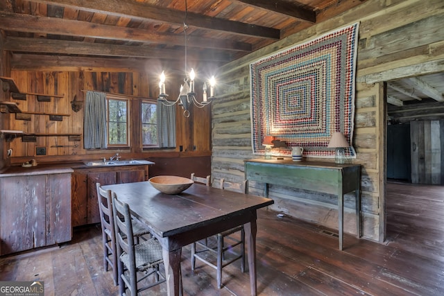 2724 Barnesville Hwy, Thomaston, GA 30286 - dining area with a wooden ceiling with exposed beams, wood-type flooring, a chandelier, and wood walls